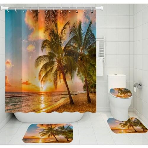 3/4 Pieces Sunset Sunrise Scenery Shower Curtains Sets Carpet Cover Toilet Cover Bath Mat Pad Set Bathroom Curtain with 12 Hooks