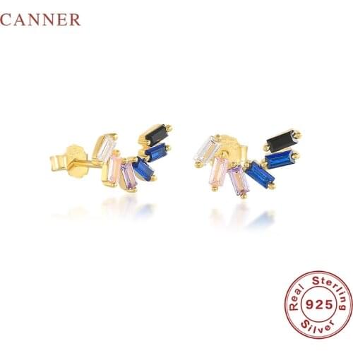 CANNER 925 Sterling Silver Earrings For Women Simple Wear Square Colored Zircon Piercing Stud Earrings Fine Jewelry Pendientes