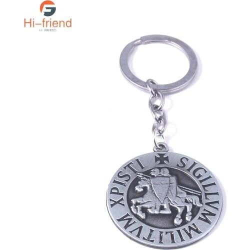 Knight Templar Keychain Alloy Metal Letter Sigillum Militum Xpisti Vintage Pendant Key Ring for Women Men Decorative Jewelry