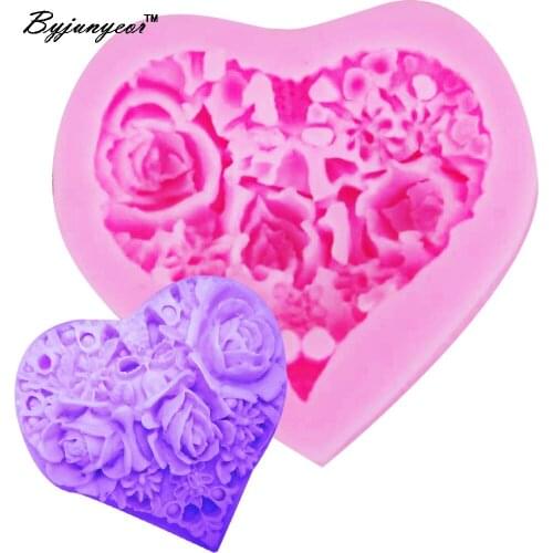 Byjunyeor F1055 3D Roses LOVE Epoxy UV Resin Silicone Mold chocolate wedding cake decorating tools baking fondant Baking