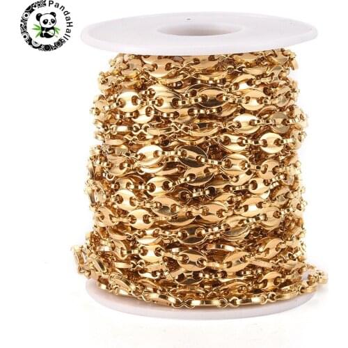 10m 304 Stainless Steel Coffee Bean Chains, with Spool, Unwelded, Stainless Steel Color, Links: 6x3x1mm and 7.5x5x1.5mm