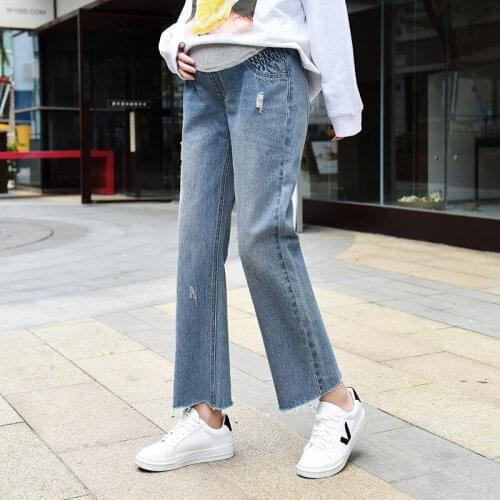 Pregnant women jeans 2019 new spring trousers fashion Korean version of the loose straight nine points pants