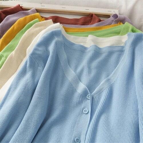 Cardigan Women Korean Long Sleeve Cardigan Summer Cropped Cardigan Knitted V neck Thin Ice Silk Sweaters Sunscreen Shirt Tops