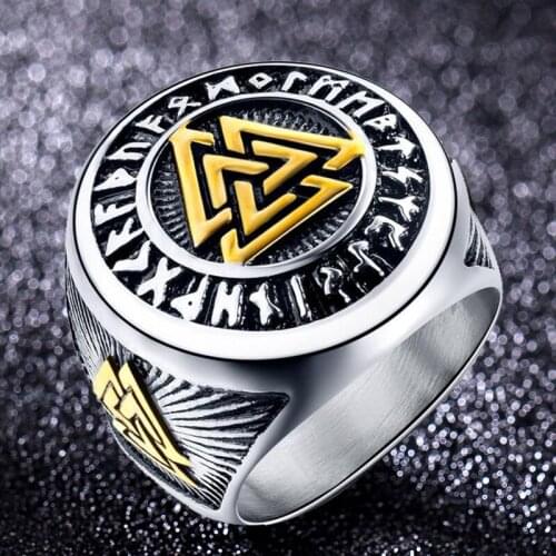 Stainless Steel Mens Viking-Amulet Ring Triangle Odin-Vegvisir Rings Nordic Talisman Biker Jewelry Gift For Men