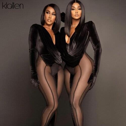 KLALIEN Sexy Mesh Patchwork See Through Long Sleeve V Neck Jumpsuit New Autumn Fashion Casual Skinny Stretch Femal Romper