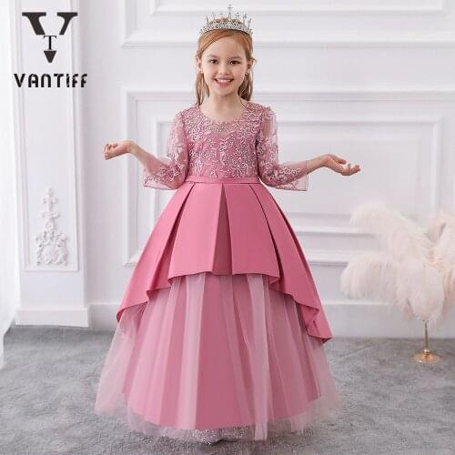 2021 Summer Long-sleeved Cute Wedding Dresses for Girls Children Embroidered Puffy Princess Dress Girl Pleated Fluffy Costumes