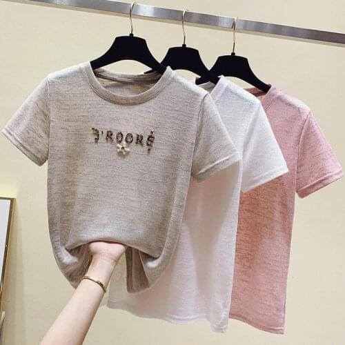 Diamonds Applique Summer Tops Short Sleeve T Shirt Women Fashion T-Shirt Female Korean Cotton Tshirt Woman Clothes Tee Shirt Fem