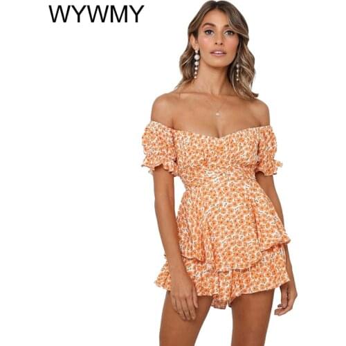 Fashion Off Shoulder Lantern Sleeve Womens Jumpsuit Sexy Ruffle Printing Lace Up Female Rompers 2021 Summer Sweet Lady Clothes