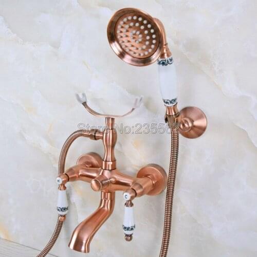 Wall Mounted Antique Red Copper Bathroom Shower Bathtub Faucet Dual Ceramic Handle Mixer Tap with Handheld Shower Spray lna376