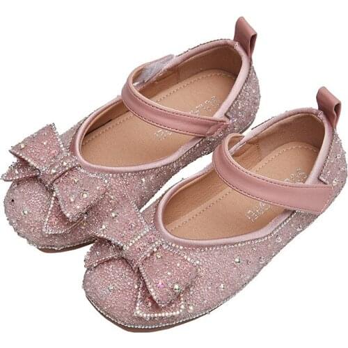 2021New Leather Shoes Children Rhinestone Butterfly Girls Princess Shoes for Wedding Party Dance Kids Single Shoes Black Pink