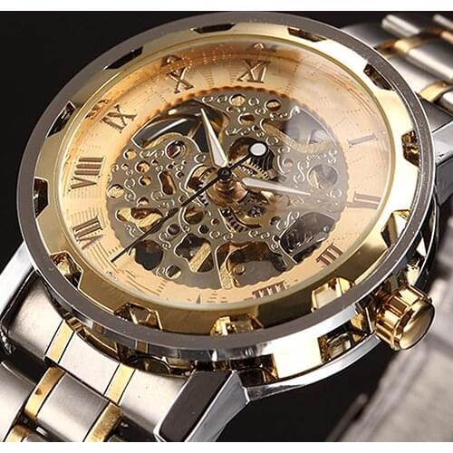 2021 New Fashion Luxury Men Skeleton Roman Numerals Hollow Dial Stainless Steel Band Mechanical Sport Watch For Men