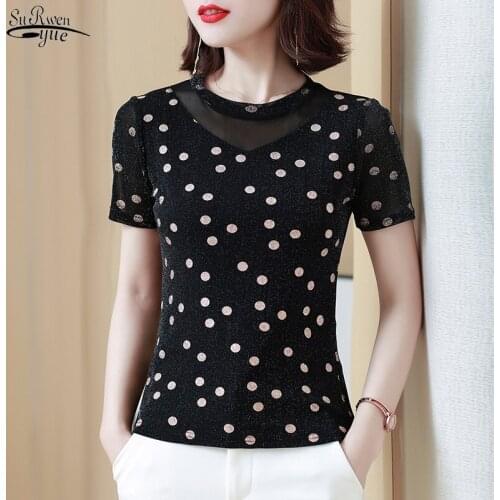 New 2021 Summer Short-Sleeve Shirts Women Casual Polka Dot Mesh Women Blouse Plus Size 4XL Pullover Crop Top Women 9157 50
