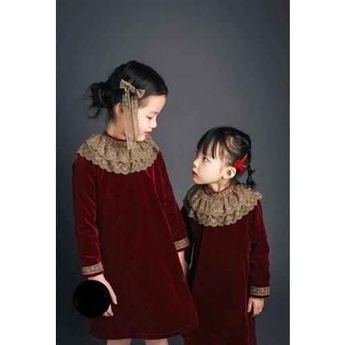 Autumn and Winter Lace Dresses Ins Golden Velvet Baby Photographic Portrait Dresses Girls Christmas Dress Dress Elegant