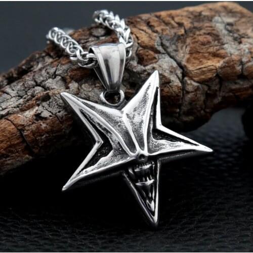 Punk Goth Baphomet Satanic Jewelry Stainless Steel Satanic Pentagram Skull Pendant Necklace Men Women Chaos Star Skull Necklace