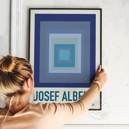 Josef Albers Printing Poster, American Artist Exhibition Poster, Bauhaus Blue Geometric Graphics Art Prints Education Home Decor