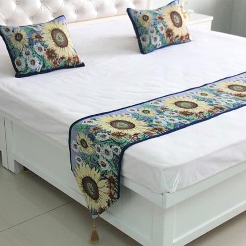 Sunflower jacquard linen bed runner American countryside style Bedspread Bedding Scarf Wedding Home Hotel Bedroom Decoration