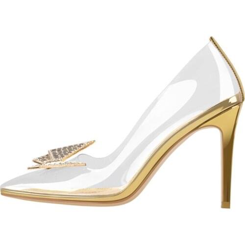 Richealnana Casual Pointed Toe Metal Stiletto Heel Pumps Slip-on Pumps PVC Geometric Metal Rhinestone Decoration Jelly Shoes