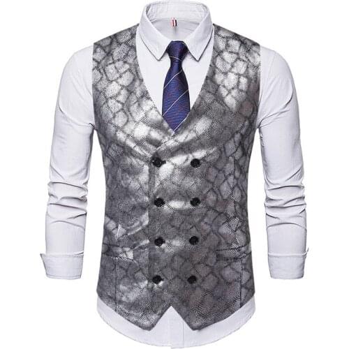 Luxury Bronzing Print Vest Men 2020 Spring New Silver Sleeveless Slim Fit Waistcoat Men DJ Club Party Wedding Groom Vests Male