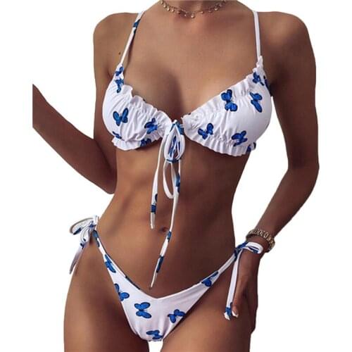 Sexy Bikini Ladies FloralLeopard Butterfly Swimsuit Summer Lace Up Bikini Low Waist Beach Swimwear 5color