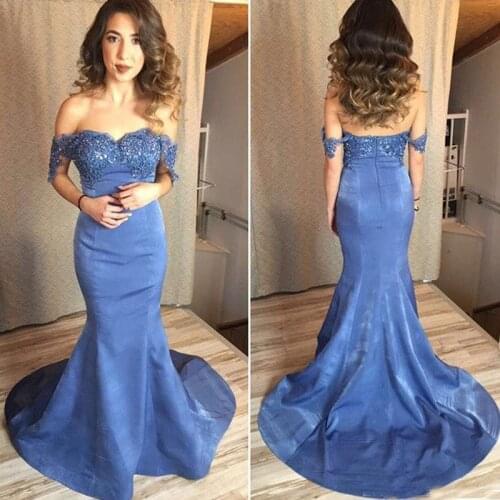Blue Mermaid Prom Dresses Lace Appliques Beaded Formal Evening Dresses Holiday Long Formal Evening Guest Dresses