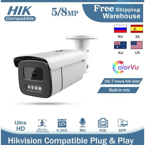 Hikvision Compatible 5MP 8MP IP Camera PoE ColorVu Built-In Mic H.265 IR50M IP66 CCTV Outdoor Surveillance Video Bullet Camera