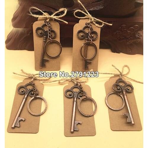 50pcs/lot Wedding Souvenirs Party Gifts for Guests Copper Color Skeleton Key Beer Bottle Opener with Personalized Sticker Cards