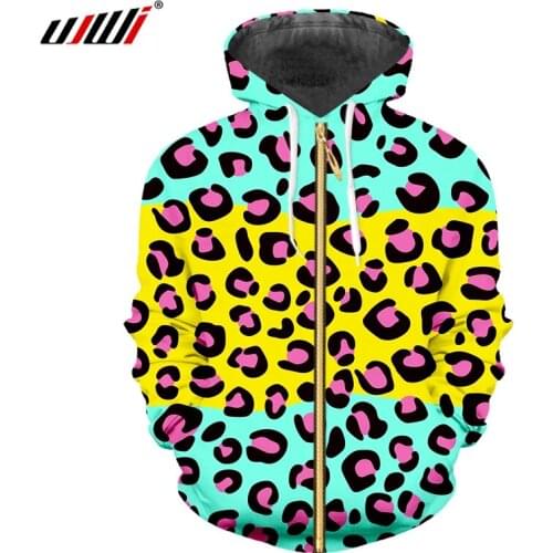 UJWI New Arrival Men Casual Hoodie Sweatshirts Print Colorful Leopard 3d Zipper Hoody Homme Hip Hop Punk Style Hooded Jackets