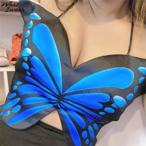 Whatiwear Butterfly Pattern Sexy Backless Camisole Party Club Women Bandage Halter Lace Up Vest Female Sweet Streetwear Tank Top