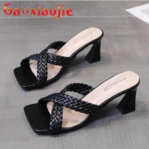 2021 New Fashion Weaves Vamp Summer High Heels Slippers Sexy Cross Hollow Out Square Toe Womens Shoes 7.5CM Chic Party Sandals