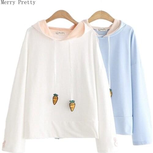 Women Harajuku Cartoon Embroidery Hooded Sweatshirts With Ears On Hood 2020 Spring Long Sleeve Cute Drawstring Hoodies Tracksuit