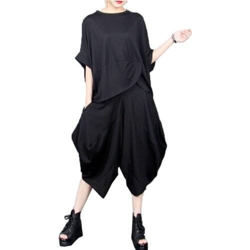 Large Size Womens Casual Bloomers Suit 2021 Summer Large Size Loose Bat Sleeve Top + Wide leg Pants Two-Piece Set Ladies C990