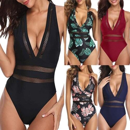 2021 Women One Piece Swimsuits Monokini Sexy Hollow Out Mesh Deep V Neck Plunge Bathing Suit Backless Bodysuit Plus Size Beach