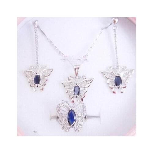 Natural real sapphire butterfly jewelry set Free shipping 1pc ring drop earring pendant 925 sterling silver 0.75ct*4pcs gemstone