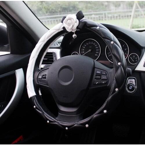 Diamond Crystal White Camellia Flower Car Interior Decoration Steering Wheel Covers Leather Car Styling Rhinestone Car Covered