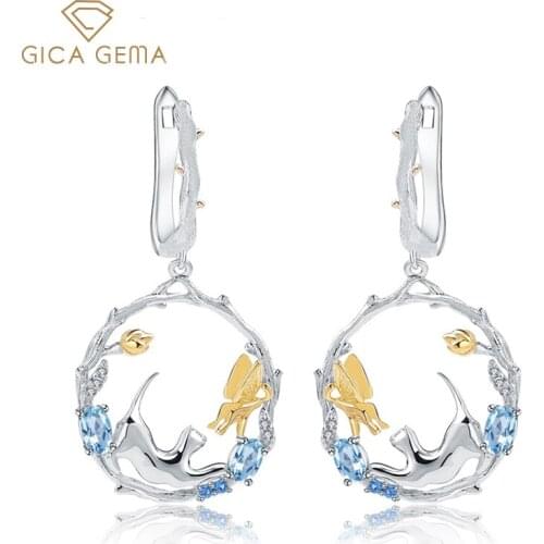 GICA GEMA Natural Swiss Blue Topaz Animal Clip Earrings 925 Sterling Silver New Hot Trendy Cute Cat Earrings For Women