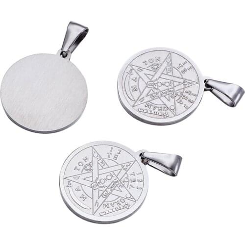 Classic Religion 27x24x2mm 304 Stainless Steel Flat Round Pendants Tetragrammaton Pentagram Wiccan Pendant Necklace Jewelry F80