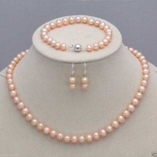 Genuine 7-8mm Peach Pink Freshwater Cultured Pearl Necklace Bracelet Earrings A Set