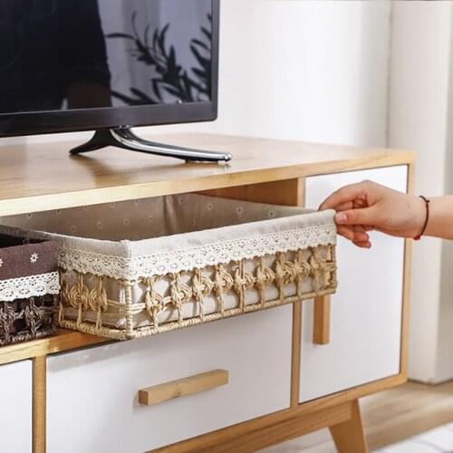 3Pcs Woven Straw Baskets Desktop Storage Sundries Toy Storage Box Container Desktop Storage Basket Kitchen Organizer