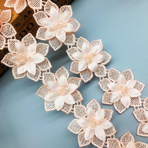 1 yard 4.5cm Pink Pearl Lace Beaded 3D Flower Embroidered Lace Trim Ribbon Applique Patches Wedding Dress Fabric Sewing Craft