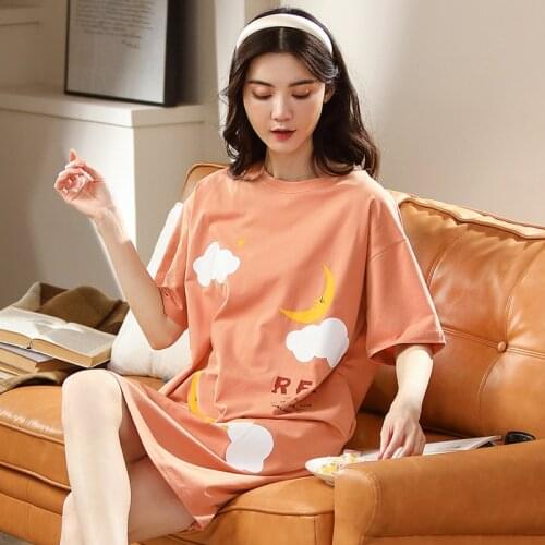 Summer New Cartoon Cotton Nightdress Women Nightgown Korean Plus size Loose Female Sleepwear Nightwear Kawaii Home dress Female