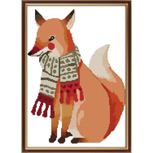 A fox surrounded by a scarf cross stitch kit aida 14ct 11ct count printed canvas stitches embroidery DIY handmade needlework