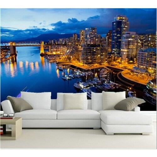 The latest 3D murals, 3d Hd port city at night , living room TV sofa bedroom background wall paper