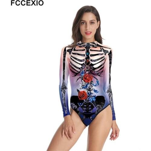 FCCEXIO New Flowers Skeleton Print Women One-Piece Swimsuit Summer Casual Long Sleeve Beachwear Bathing Suit Sexy Tight Swimwear