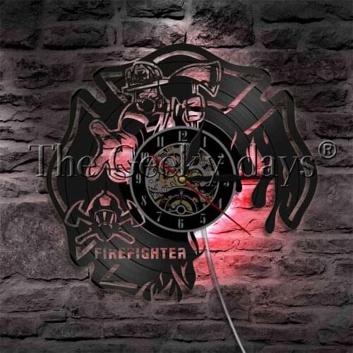 Fire Department Sign Led Light Vinyl Record Wall Clock With LED illumination Firefighter Helmet Decorative Lighting