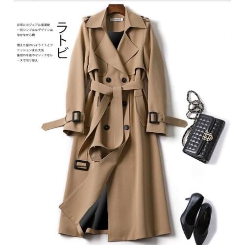 Palenda New Womens Trench Coat Double Breasted Solid Turn-down Collar Long Coat with Belt Vintage Warm Coat