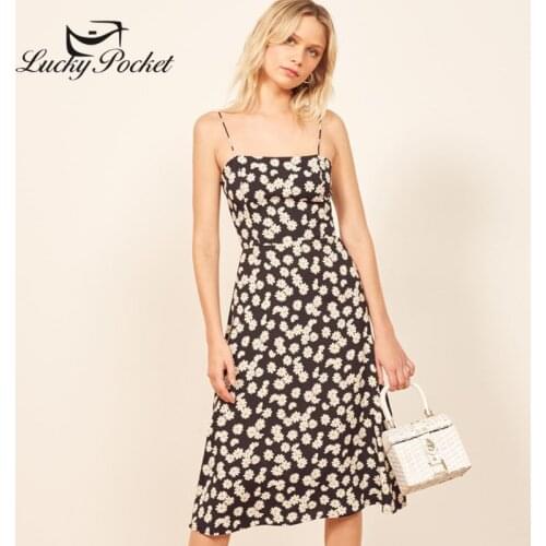 Women Summer Casual Floral Print Spaghetti Strap Dress Female Black Slim A-Line Knee-Length Vestidos Ladies Fashion Dresses ML69