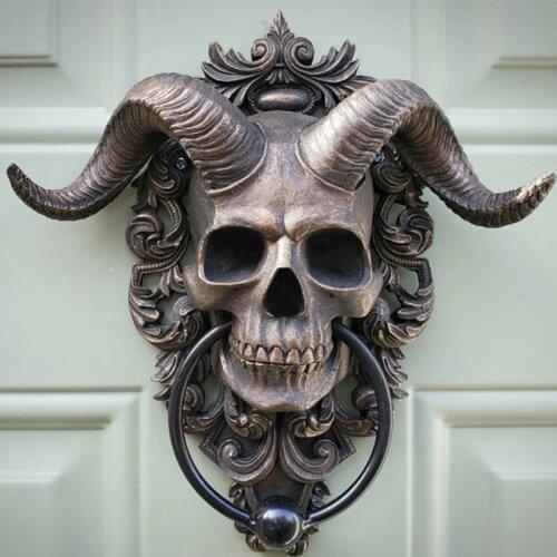 Horned-God Skull Hanging Door Knocker Resin Heavy Duty Gothic Doorknocker Hell Demon Horned Skull Hanging Door Home Decor