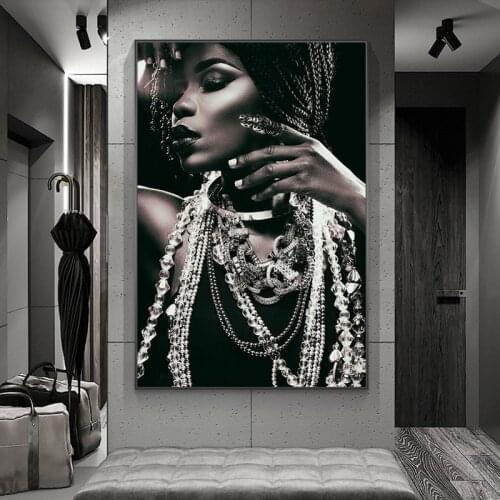 Portrait of African With Jewellery Wall Art Posters And Prints Sexy Black Woman Canvas Paintings Pictures for Home Decor Cuadros