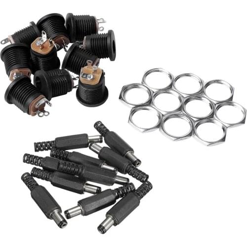 10 Pcs Panel Mount 2.1X5.5mm Power Jack DC Socket with 10Pcs 5.5X2.1mm Male Solder Dc Jack Straight Connectors