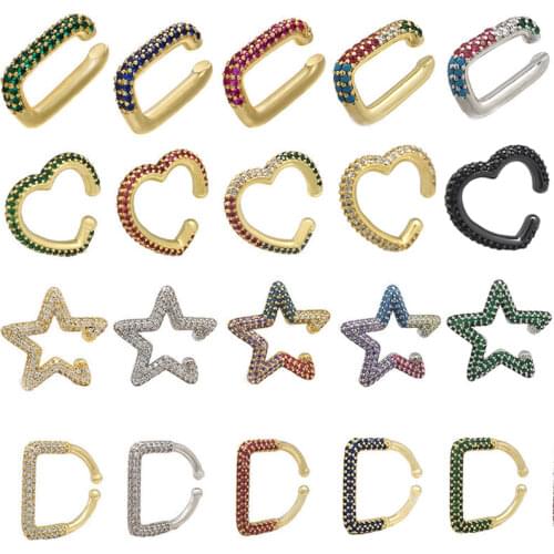 QMHJE 1 piece Ear Clip on Earrings Cuff Rainbow CZ Gold Silver Color Women Earring Jewelry Non Pierced Ear Cuff Star Heart White